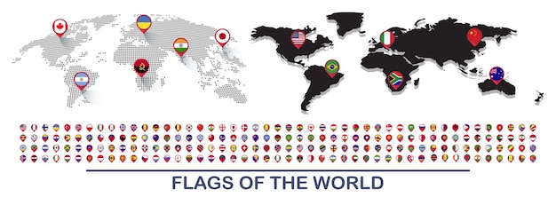 World map with flags Map marker pointer icon set with flags of the whole world Vector illustration