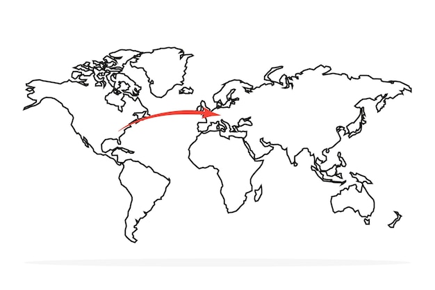 World map with flight route arrow vector