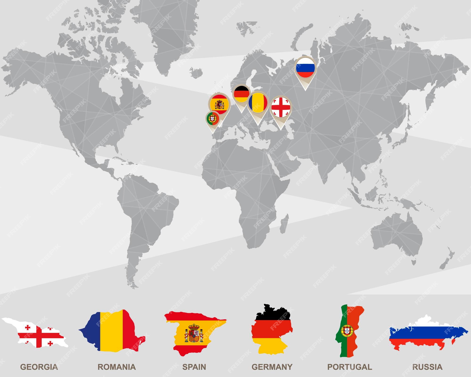 World Map With Georgia, Romania, Spain, Germany, Portugal, Russia