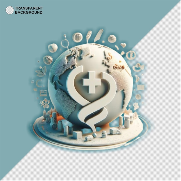 world map with a health symbol in the middle with a 3D feel