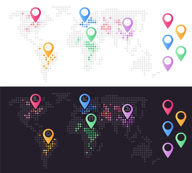 Vector world map with location pins light and dark theme infographic chart design element set