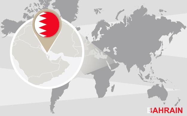 World map with magnified Bahrain. Bahrain flag and map.