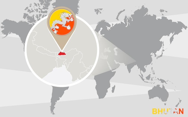 ブータンを拡大した世界地図。ブータンの国旗と地図。