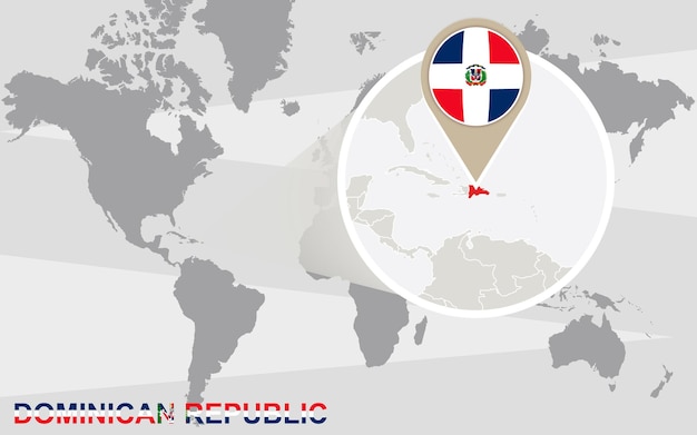 World map with magnified Dominican Republic. Dominican Republic flag and map.