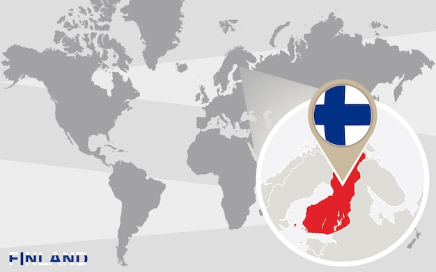 World map with magnified Finland. Finland flag and map.