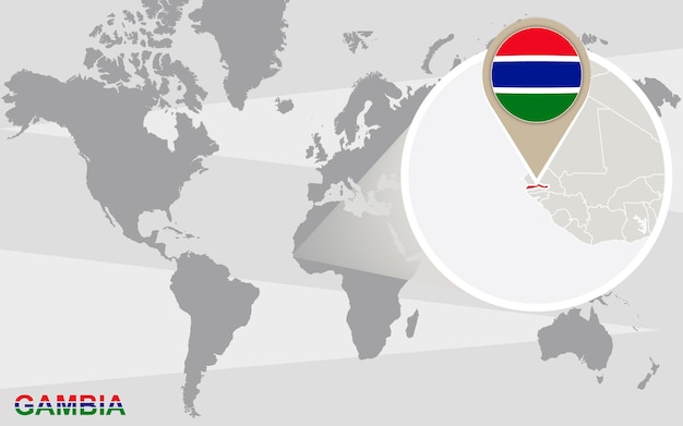 World map with magnified Gambia. Gambia flag and map.