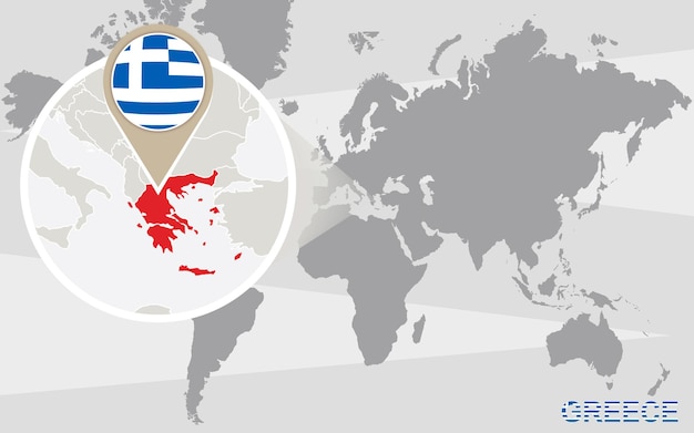 ギリシャを拡大した世界地図。ギリシャの旗と地図。