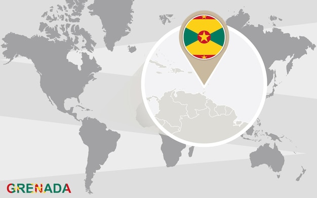 拡大されたグレナダの世界地図。グレナダの旗と地図。