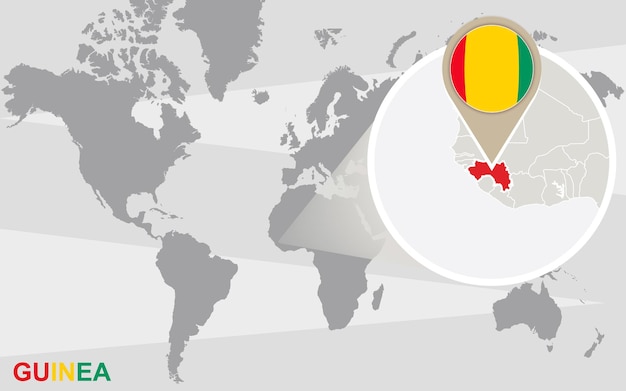 ギニアを拡大した世界地図。ギニアの国旗と地図。