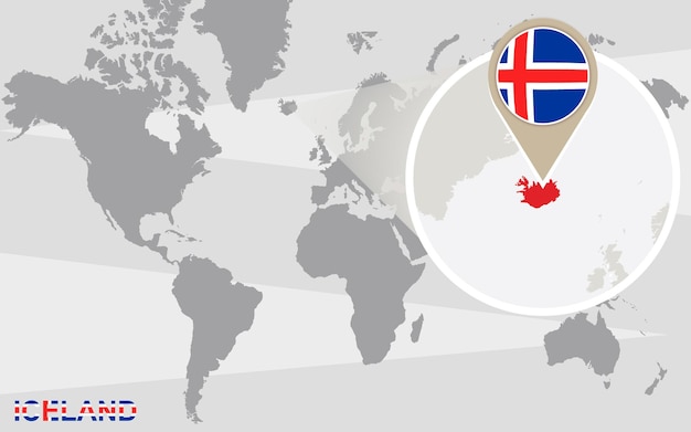 拡大されたアイスランドの世界地図。アイスランドの旗と地図。