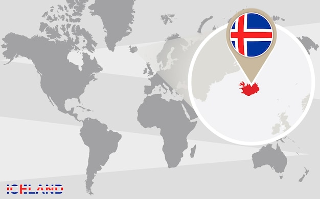 World map with magnified Iceland. Iceland flag and map.