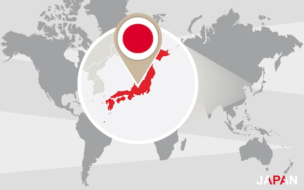확대 된 일본으로 세계 지도입니다. 일본 국기와 지도.