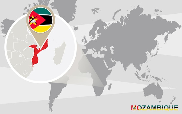 World map with magnified Mozambique. Mozambique flag and map.