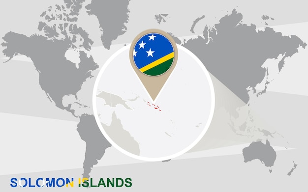 Mappa del mondo con isole salomone ingrandite. bandiera e mappa delle isole salomone.