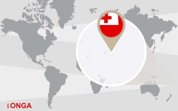 World map with magnified Tonga. Tonga flag and map.