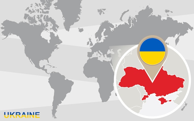 World map with magnified Ukraine. Ukraine flag and map.