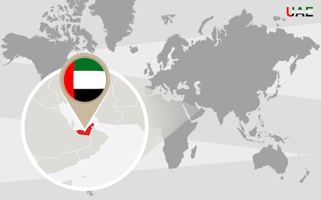 拡大されたアラブ首長国連邦の世界地図。アラブ首長国連邦の旗と地図。