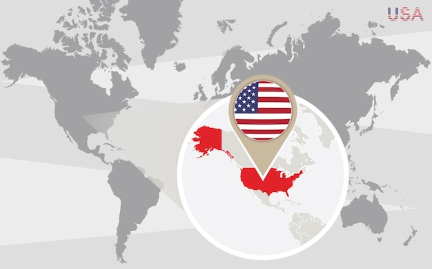 World map with magnified USA. USA flag and map.