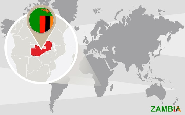 World map with magnified Zambia. Zambia flag and map.