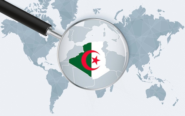 Vector world map with a magnifying glass pointing at algeria map of algeria with the flag in the loop