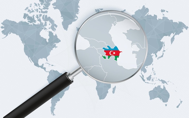 World map with a magnifying glass pointing at azerbaijan map of azerbaijan with the flag in the loop