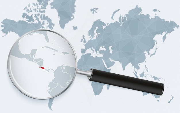 World map with a magnifying glass pointing at Costa Rica Map of Costa Rica with the flag in the loop