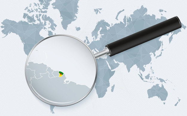 World map with a magnifying glass pointing at French Guiana Map of French Guiana with the flag in the loop