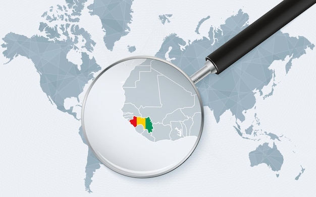 World map with a magnifying glass pointing at Guinea Map of Guinea with the flag in the loop