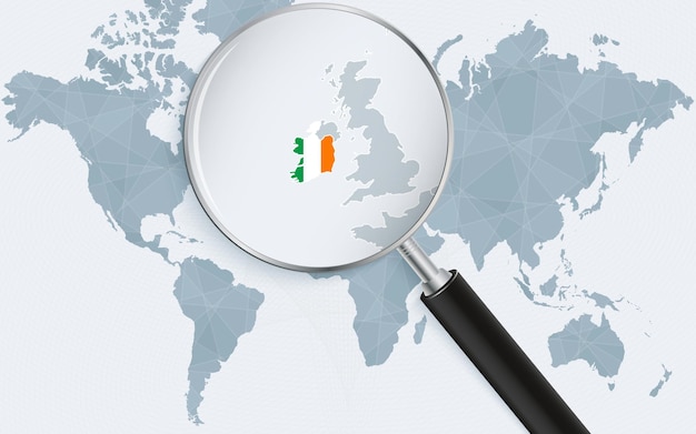 World map with a magnifying glass pointing at Ireland Map of Ireland with the flag in the loop