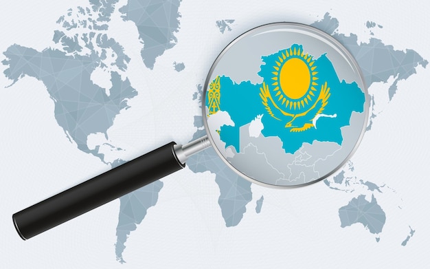 Vettore mappa del mondo con una lente d'ingrandimento che punta al kazakistan mappa del kazakistan con la bandiera nell'anello