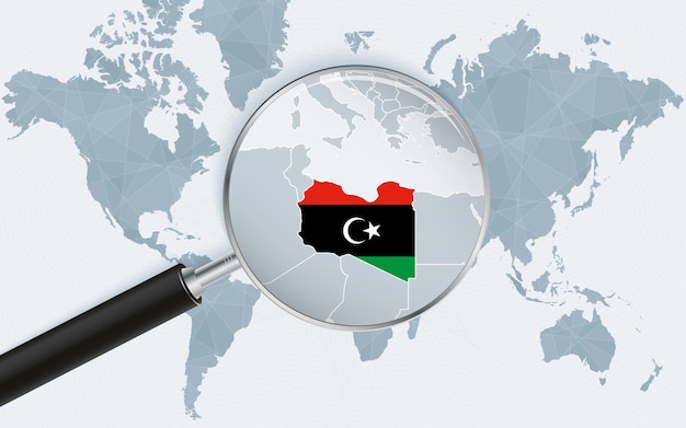 World map with a magnifying glass pointing at Libya Map of Libya with the flag in the loop