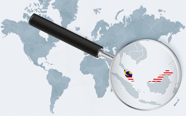 World map with a magnifying glass pointing at Malaysia Map of Malaysia with the flag in the loop