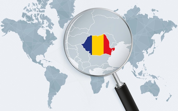 Vector world map with a magnifying glass pointing at romania map of romania with the flag in the loop