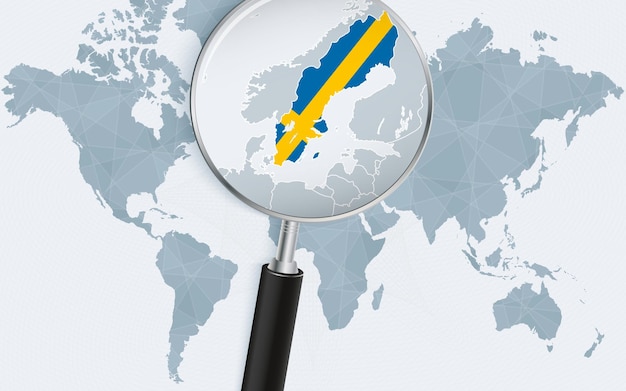 World map with a magnifying glass pointing at Sweden Map of Sweden with the flag in the loop