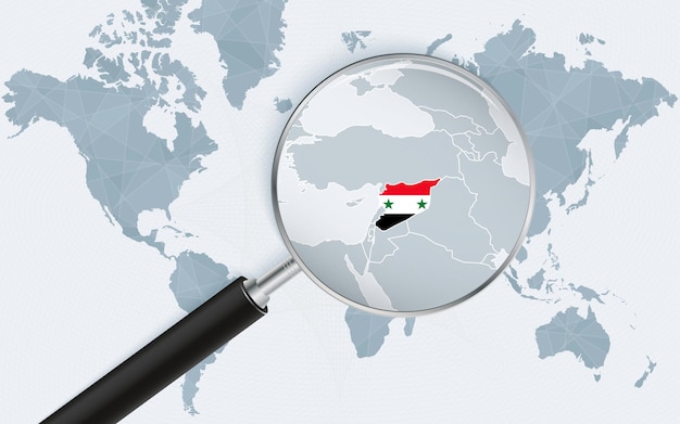 World map with a magnifying glass pointing at Syria Map of Syria with the flag in the loop