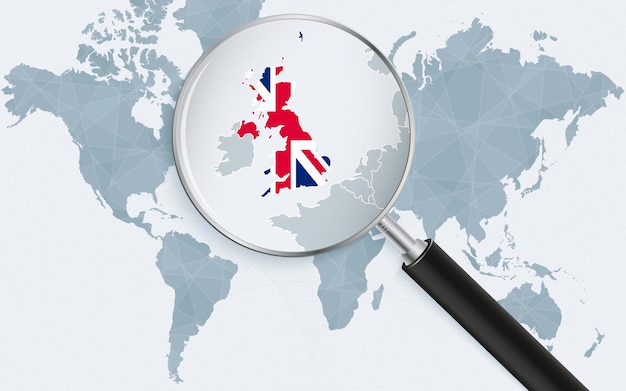 World map with a magnifying glass pointing at United Kingdom Map of United Kingdom with the flag in the loop