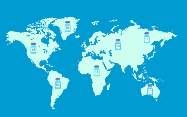 World map with many coronavirus vaccine bottles vaccine production and distribution  concept