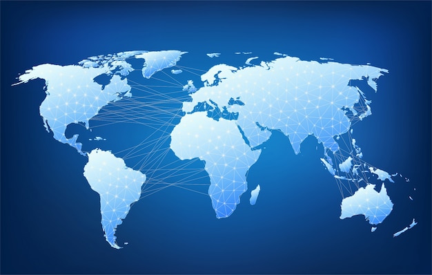 ノードが線でリンクされた世界地図。多角形構造マップ。