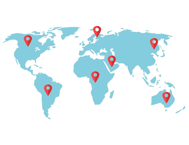 Vettore mappa del mondo con pin elemento vettoriale a colori semi piatti. pianificazione del viaggio. articolo a grandezza naturale modificabile