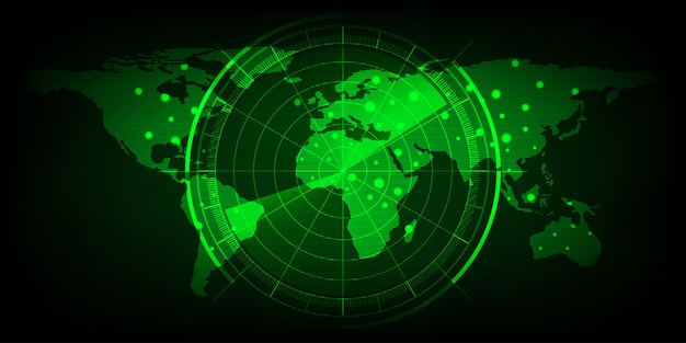 Vector world map with a radar screen,digital green radar with targets and world map using as background and wallpaper