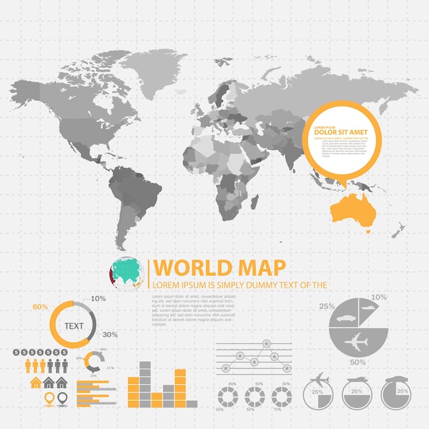 Mappa del mondo con modello di progettazione infografica paesi selezionati