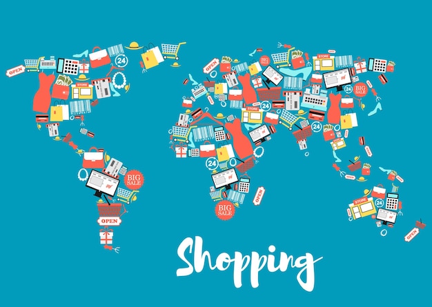 Vector world map with shopping and sale icons