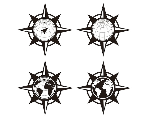 Vector world map with wind rose, navigation compass.