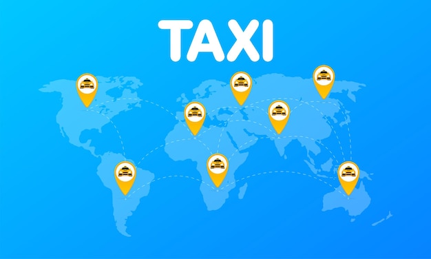 World map worldmap with yellow taxi pointers flat vector illustration world map icon location