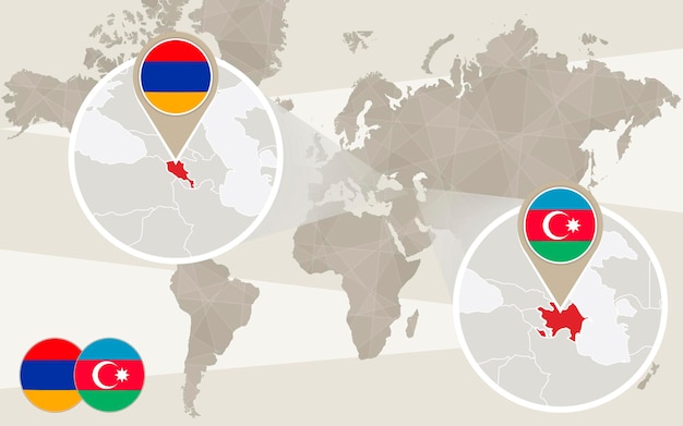 Увеличить карту мира на азербайджан, армения. конфликт, война в нагорномкарабахе. карта азербайджана с флагом. карта армении с флагом. векторныеиллюстрации.