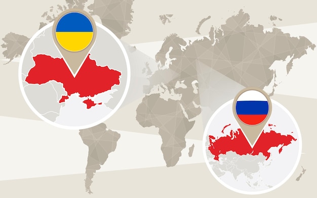 ウクライナ、ロシアの世界地図ズーム。ベクトルイラスト。