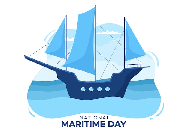 ベクトル 海と青い海のお祝い手描きのテンプレートで船と世界海の日イラスト
