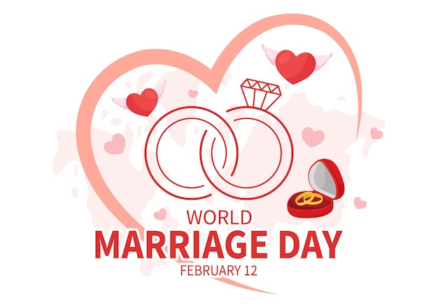 Illustrazione vettoriale della giornata mondiale del matrimonio il 12 febbraio con il simbolo dell'anello d'amore per sottolineare la bellezza e la lealtà di un partner sullo sfondo dei cartoni animati