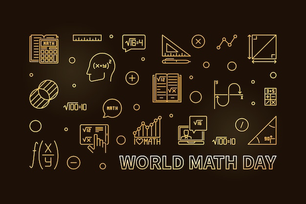 Vector world math day concept vector thin line horizontal golden banner math illustration