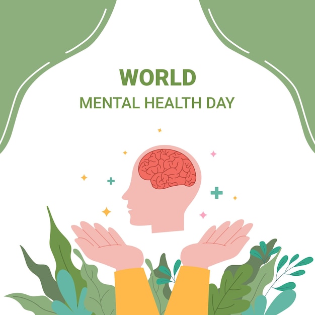 World mental health day background design concept hand and head illustration